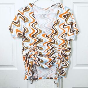 Funky Retro 70’s Top White Blue Brown Orange Geo Stripes Ribbed Short Sleeve XL
